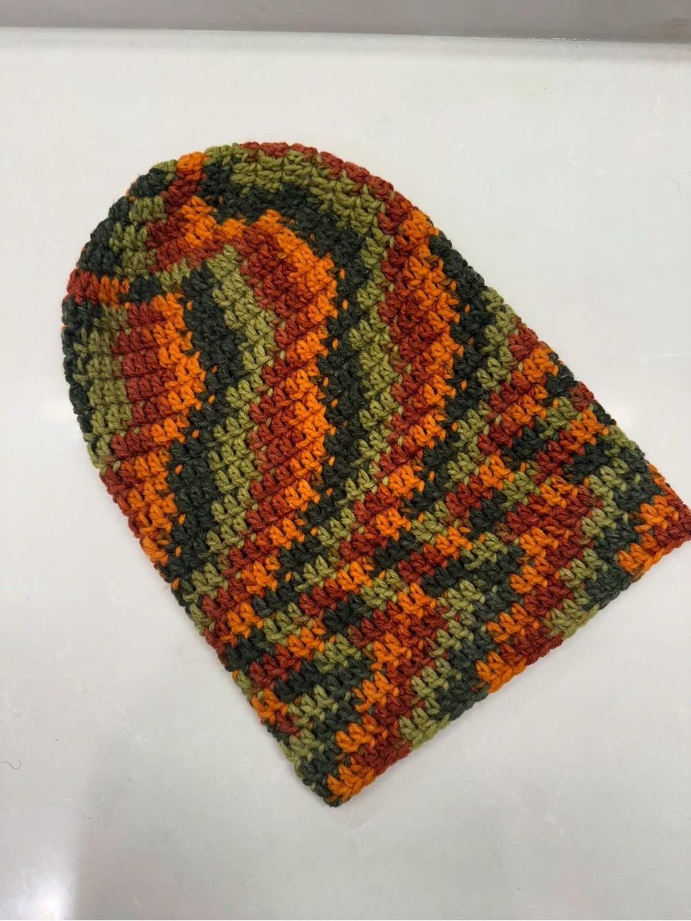 Handmade Crochet Beanie - Orange, Green, Brown